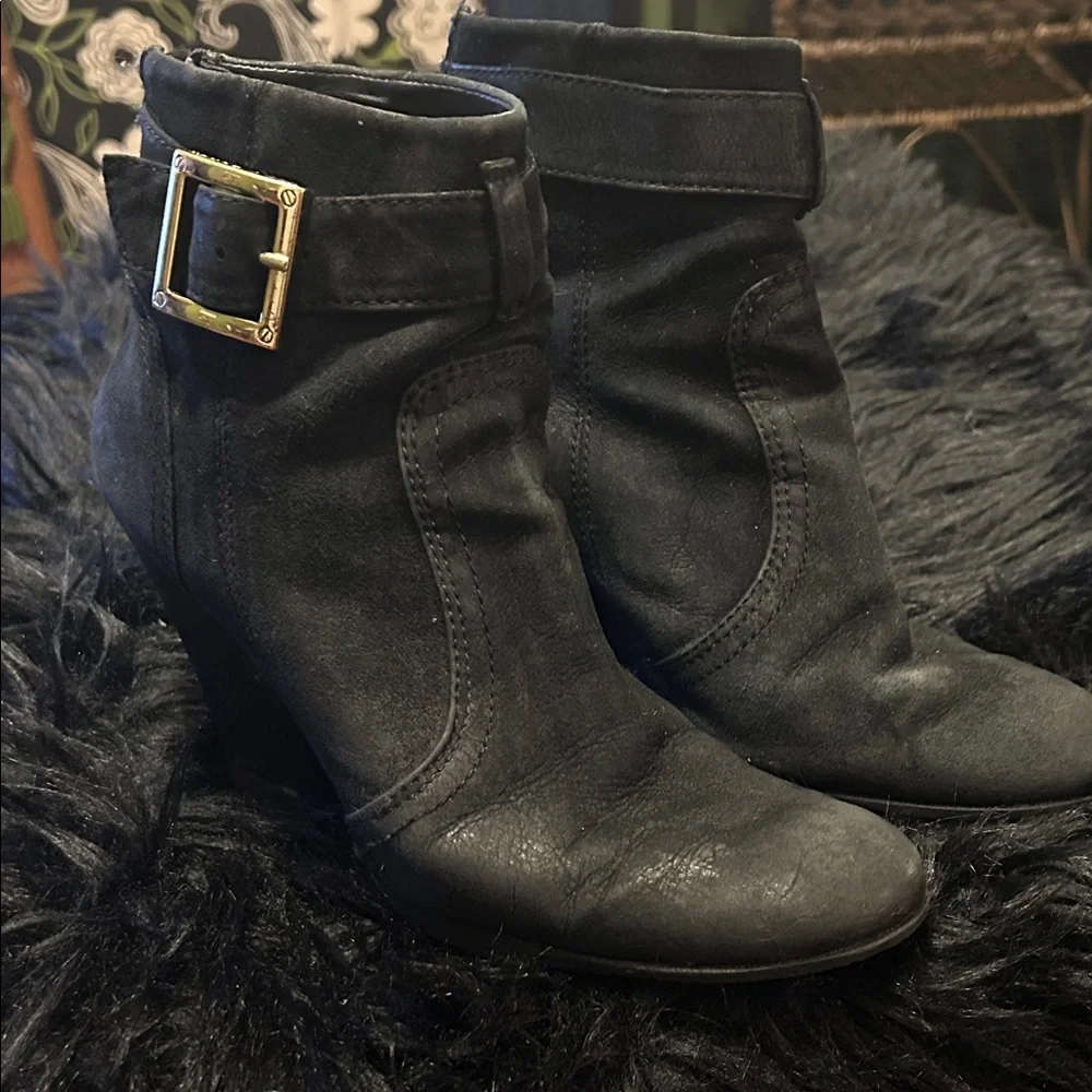 Tory Burch Deanna Black Suede Ankle Booties with Gold Buckle Sz 9 1/2